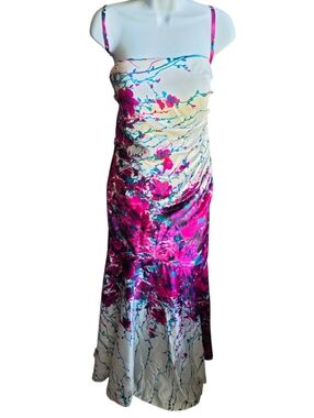 Cache Satin Floral Dress Pink White Strapless Mermaid Ruched Evening Size 14